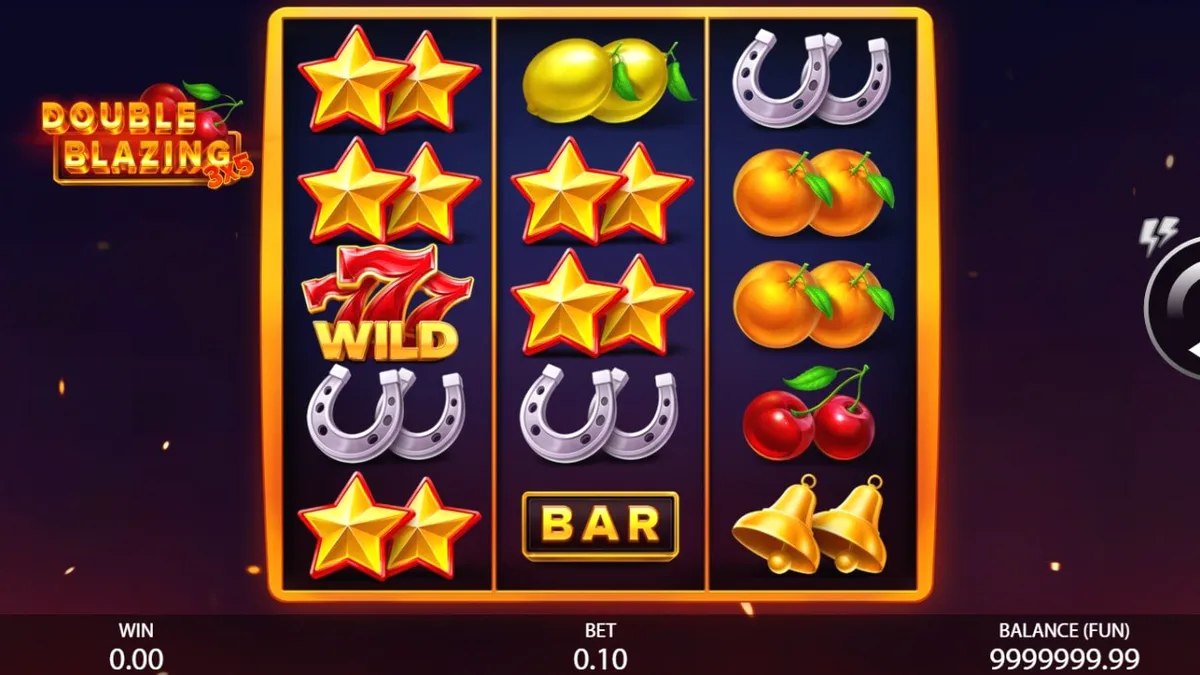 Tampilan visual slot 3x5 Double Blazing dengan simbol buah dan bara api