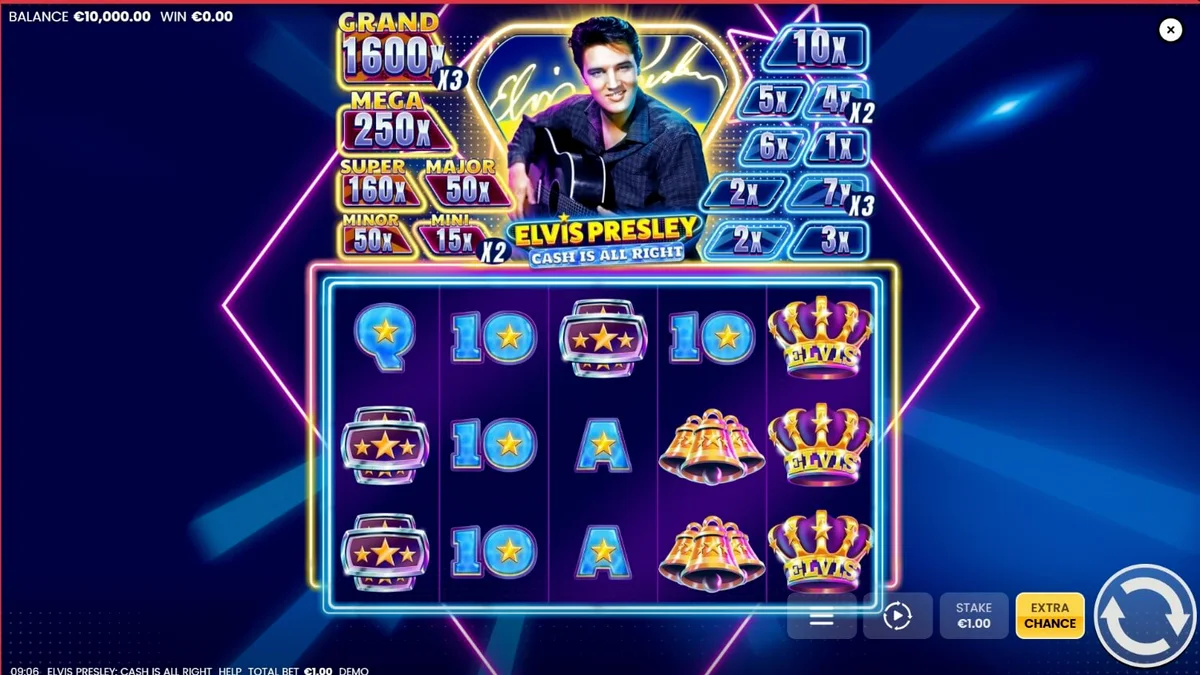Tampilan visual neon retro dari slot Elvis Presley: Cash is All Right