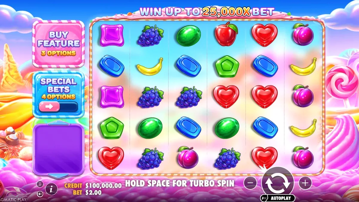Tampilan visual penuh warna dari slot Sweet Bonanza 2500 dengan simbol permen dan buah